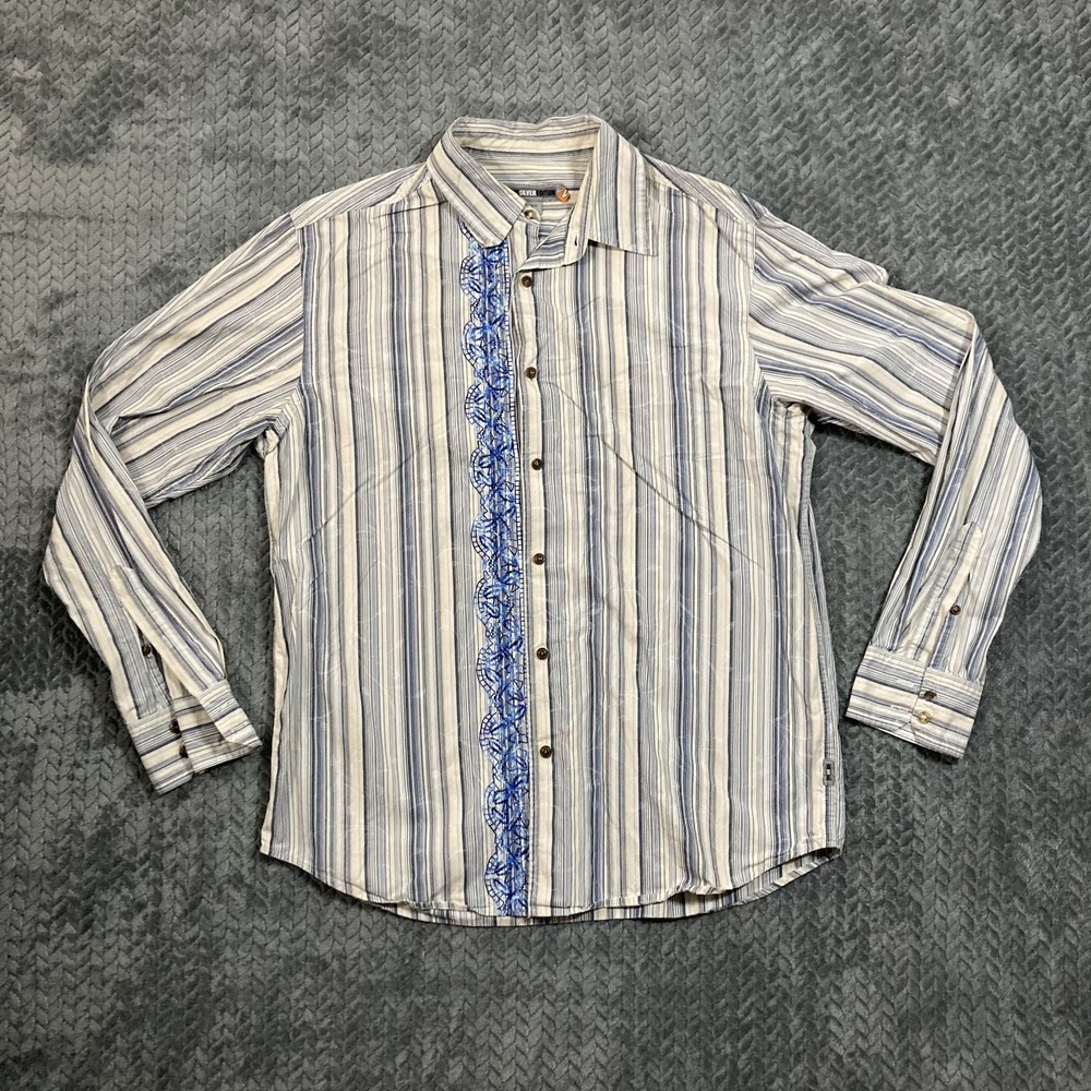 Quiksilver Shirt Mens L Silver Edition Multicolor Striped Embroidered EUC